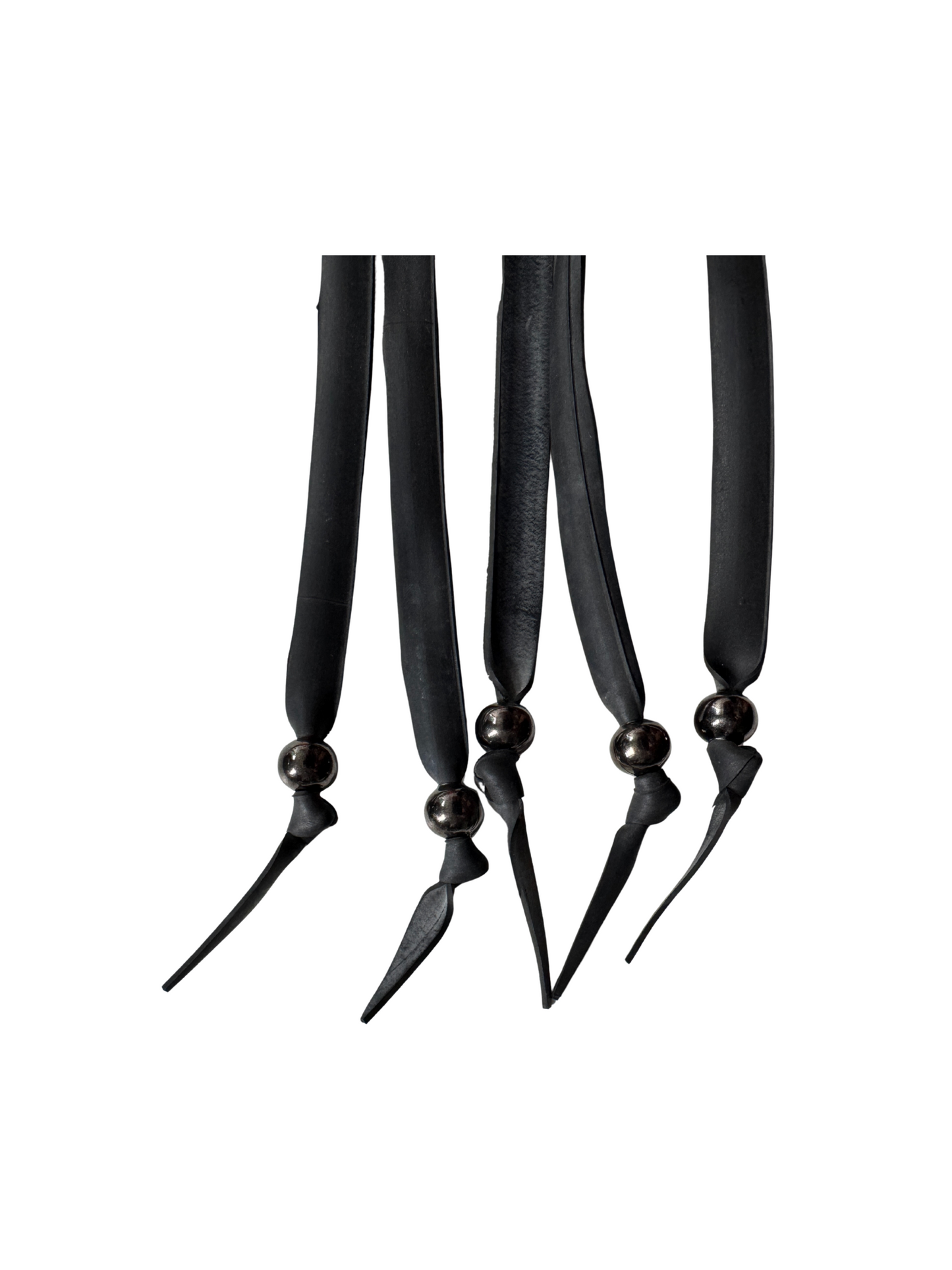 Close-up of ball-tipped recycled rubber tails on The Blackthorn flogger by Ludus Love