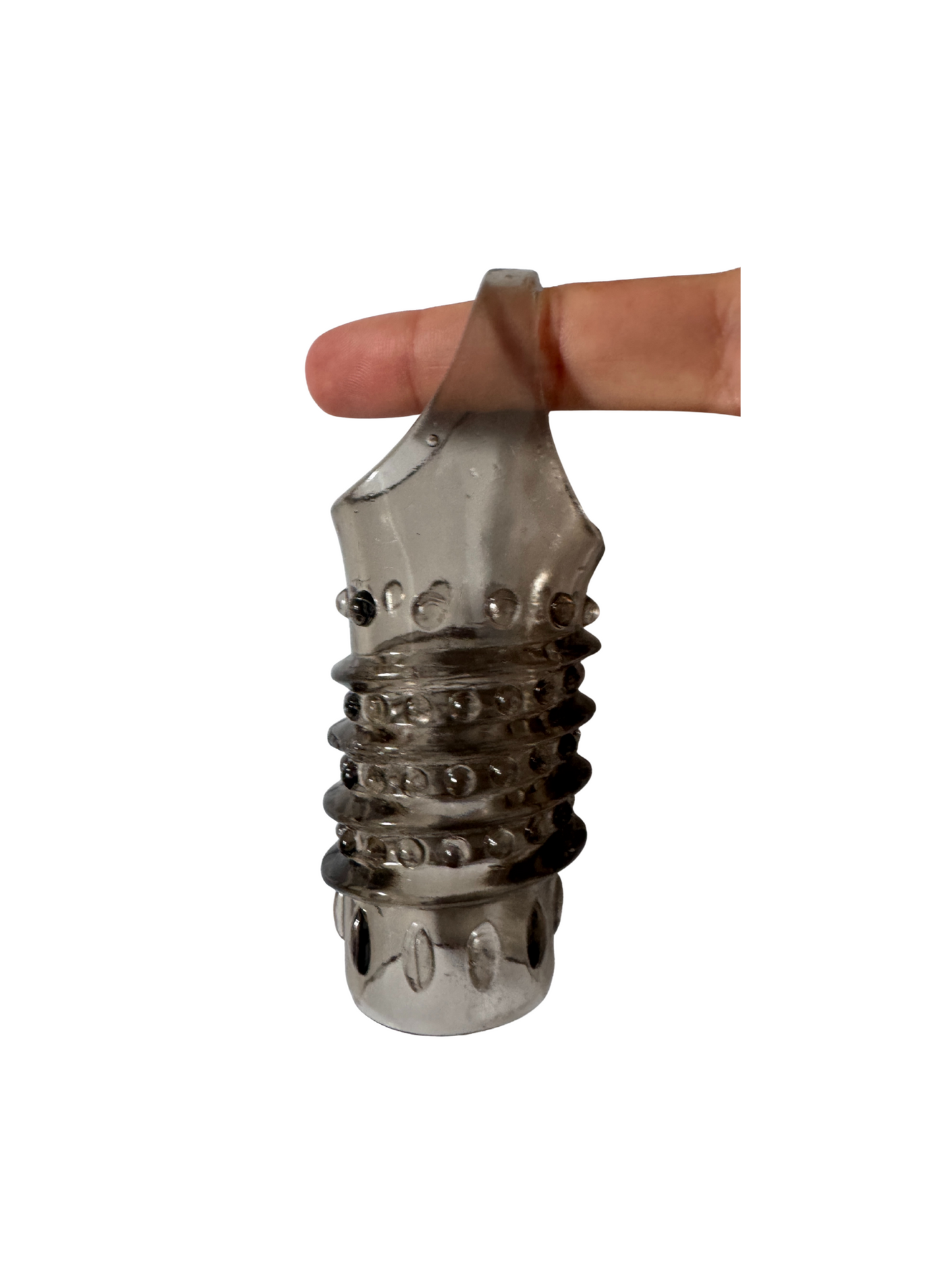 Demonstration of the flexible bumpy penis sleeve on a finger, showing stretchy ball loop and textured design.