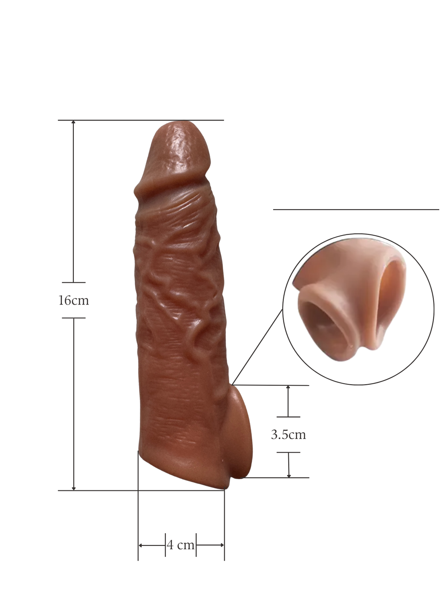 Realistic penis extension sleeve with ball loop β front view, 16cm length