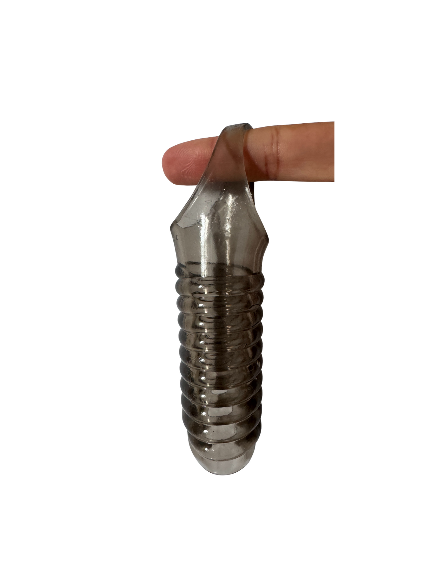 Finger demonstration of the ribbed penis sleeve, showing the soft and stretchy design with ball loop.