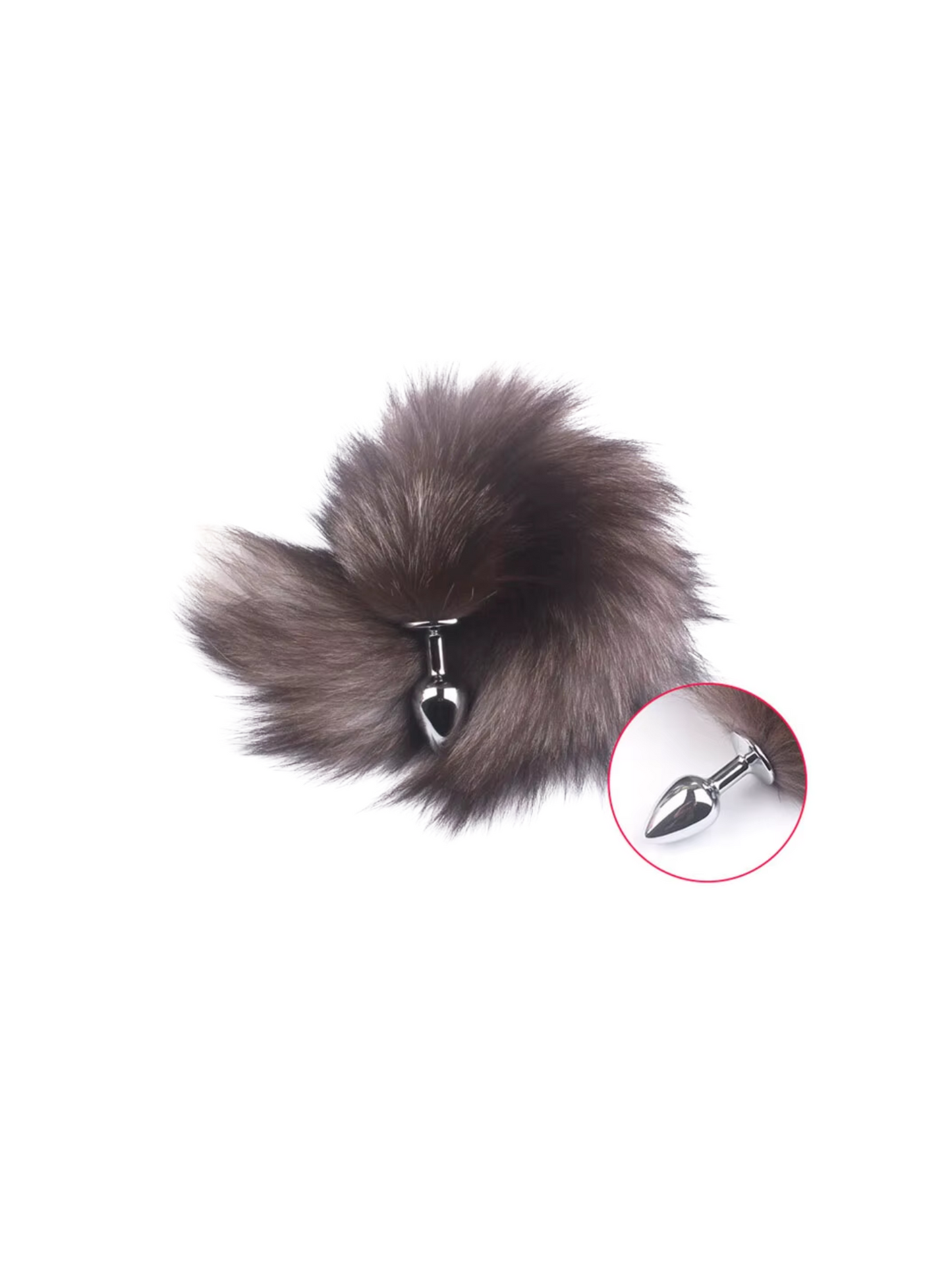 Close-up of the Sexy Fox Tail Butt Plug with grey tail, highlighting the chrome-plated steel butt plug for a sleek, comfortable, and stylish fit.