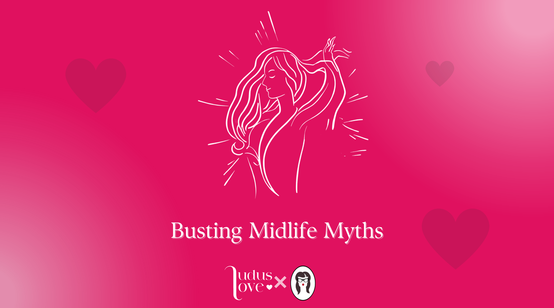 Abstract line-art illustration symbolising midlife empowerment, pleasure, and transformation in blush and rose tones. Blog cover for Ludus Love’s ‘Busting Midlife Myths’.