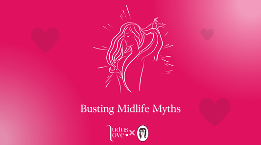 Abstract line-art illustration symbolising midlife empowerment, pleasure, and transformation in blush and rose tones. Blog cover for Ludus Love’s ‘Busting Midlife Myths’.