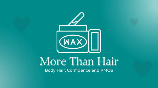 Teal blog header with a wax icon and the text More Than Hair, Body Hair, Confidence and PMOS.