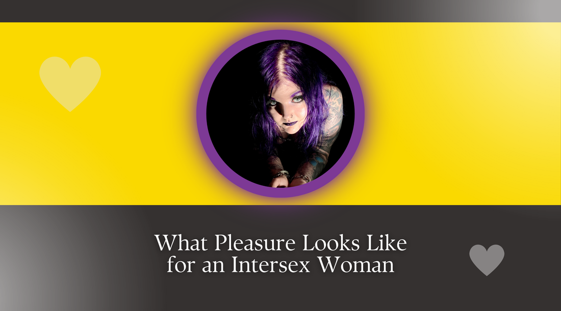 Header image for the article ‘What Pleasure Looks Like for an Intersex Woman’, featuring Sophie with purple hair centred inside a purple and yellow circle on a yellow and charcoal background with heart motifs.
