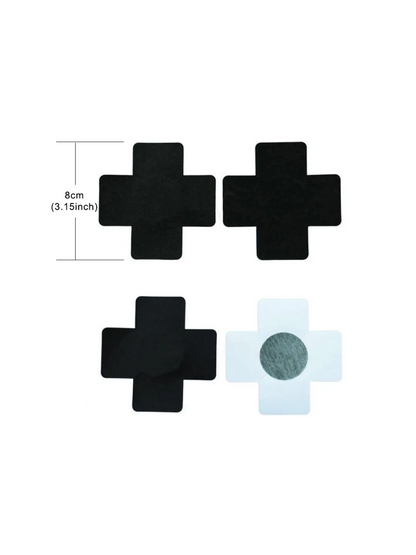 Black cross-shaped nipple covers showing size measurements and strong self-adhesive backside for a secure, comfortable fit
