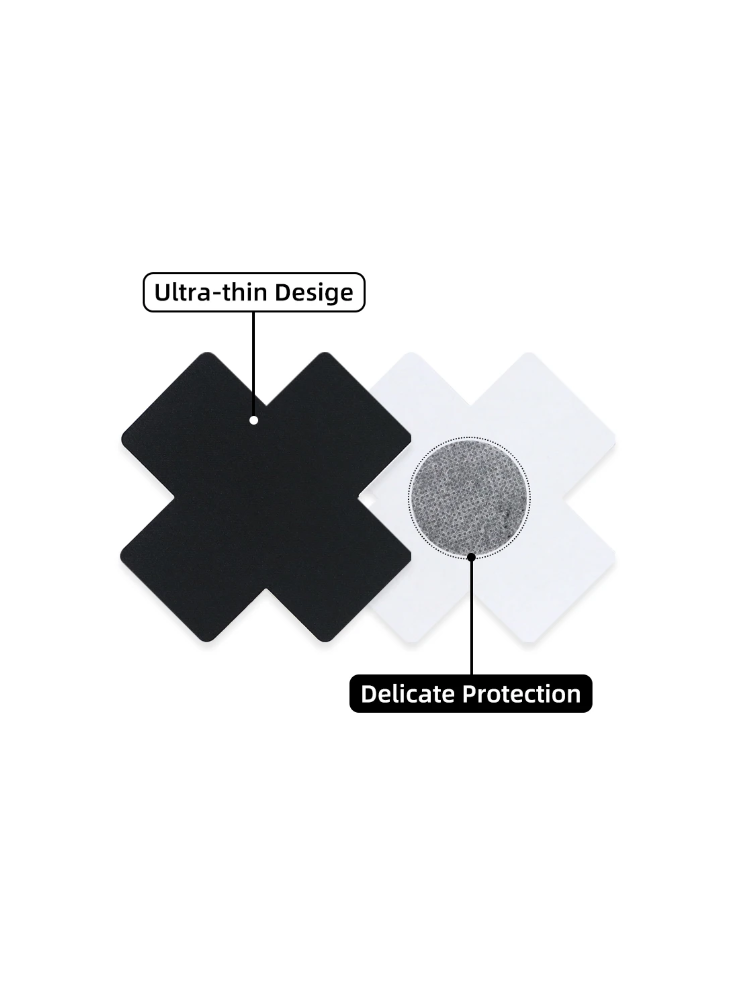 Detailed view of black cross nipple covers, featuring ultra-soft fabric, seamless edges, and lightweight design for invisible wear under clothing.