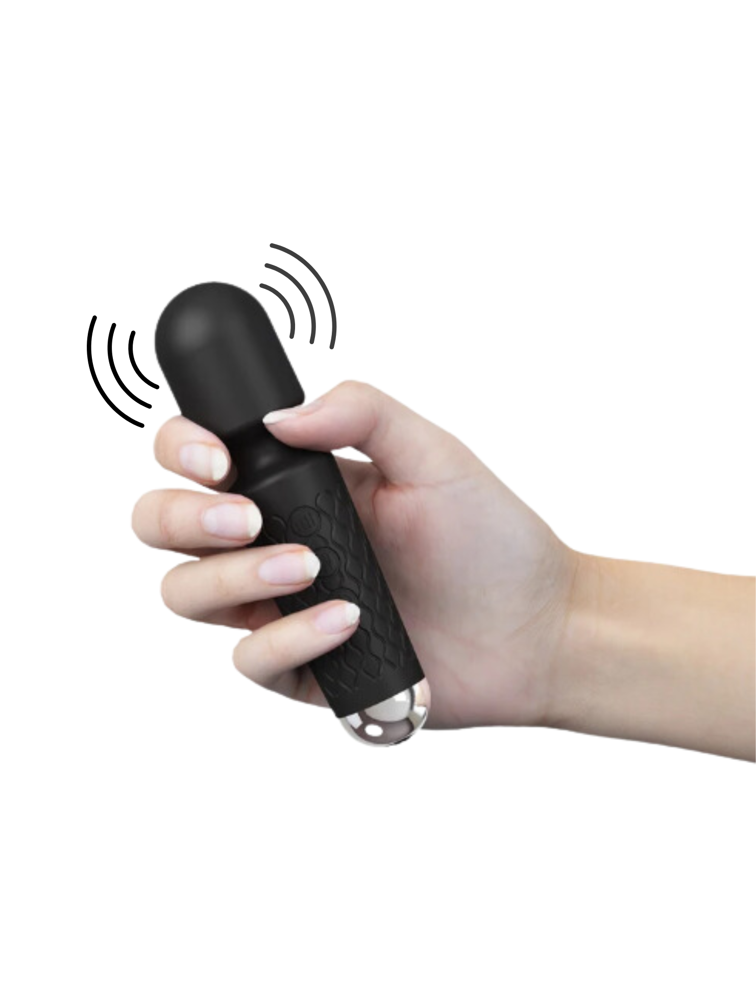 Black silicone wand vibrator with 20 adjustable vibration settings for powerful yet comfortable use. Perfect for solo or partner play.