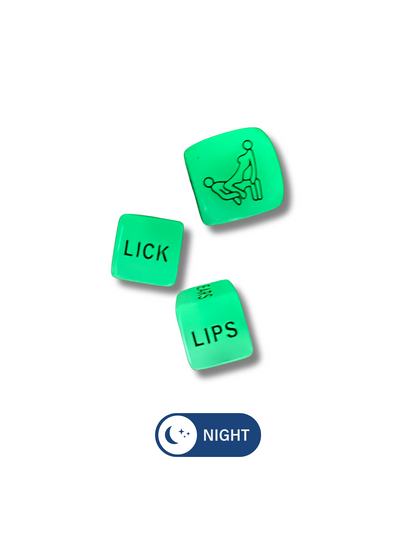 Glow-in-the-dark dice for couples featuring body parts, positions, and actions