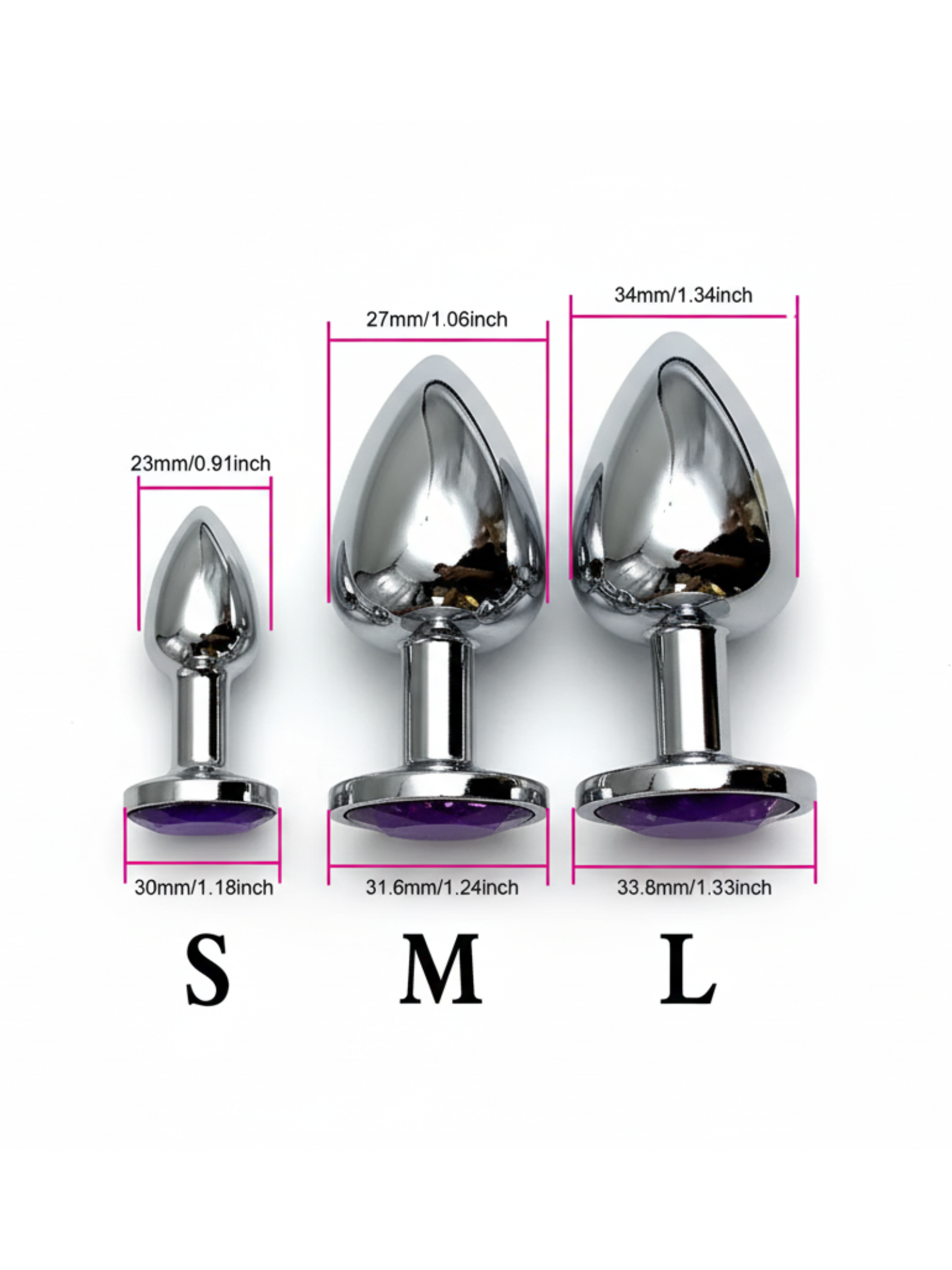 Jewelled butt plug size guide showing S, M, L dimensions with measurements for anal play beginners and experienced users