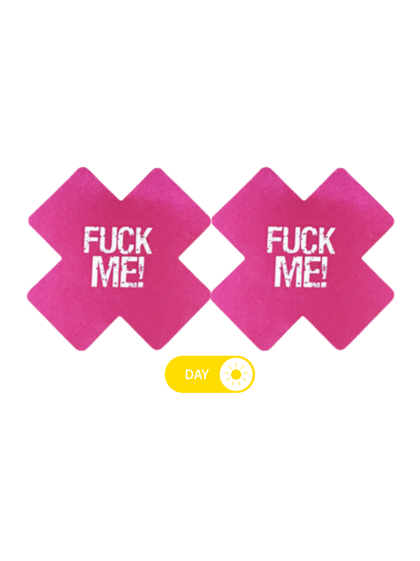 Pink nipple pasties in a cross shape with bold text, designed for comfortable wear and a daring style, shown in daylight.