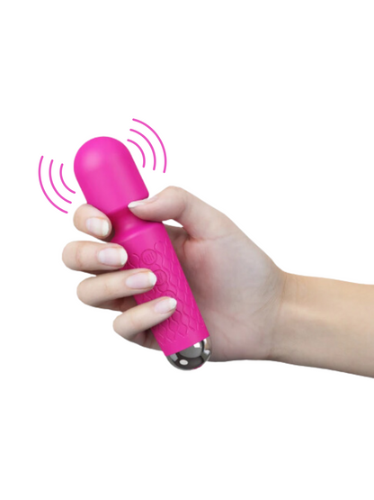 Pink silicone wand vibrator with 20 deep vibration functions, ergonomic grip, and waterproof design. USB rechargeable for convenience.
