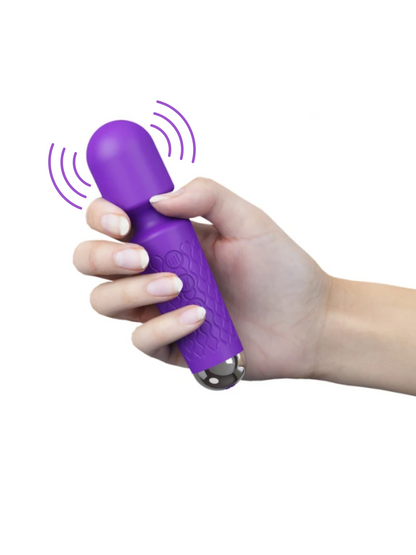 Purple silicone wand vibrator with 20 powerful vibration settings, USB rechargeable & waterproof. Ideal for relaxation and intimate pleasure.
