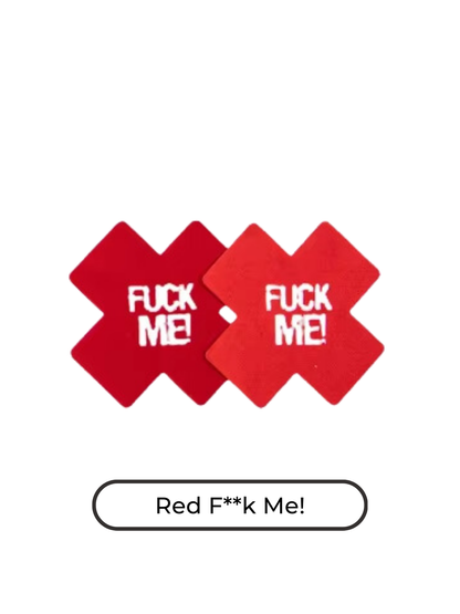 Red 'Fuck Me' cross-shaped sexy nipple pastie for passionate and provocative intimate apparel.