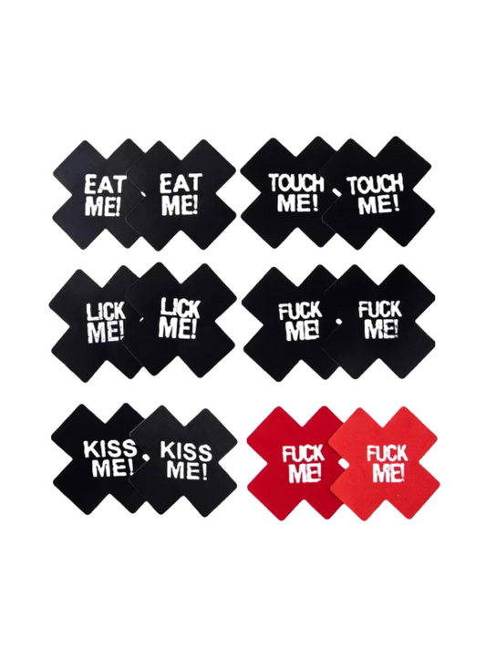 Set of cross-shaped sexy nipple pasties featuring bold phrases like 'Fuck Me,' 'Eat Me,' 'Kiss Me,' 'Lick Me,' and 'Touch Me,' available in black and red for playful and seductive lingerie styles.