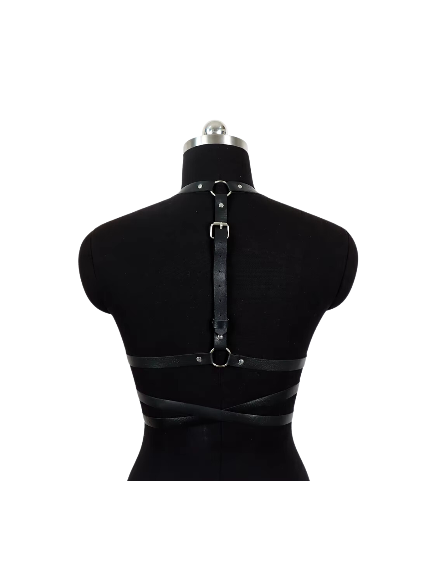 Back view of BDSM adjustable leather harness with Harajuku-inspired straps, showing adjustable fit and durable synthetic leather construction.