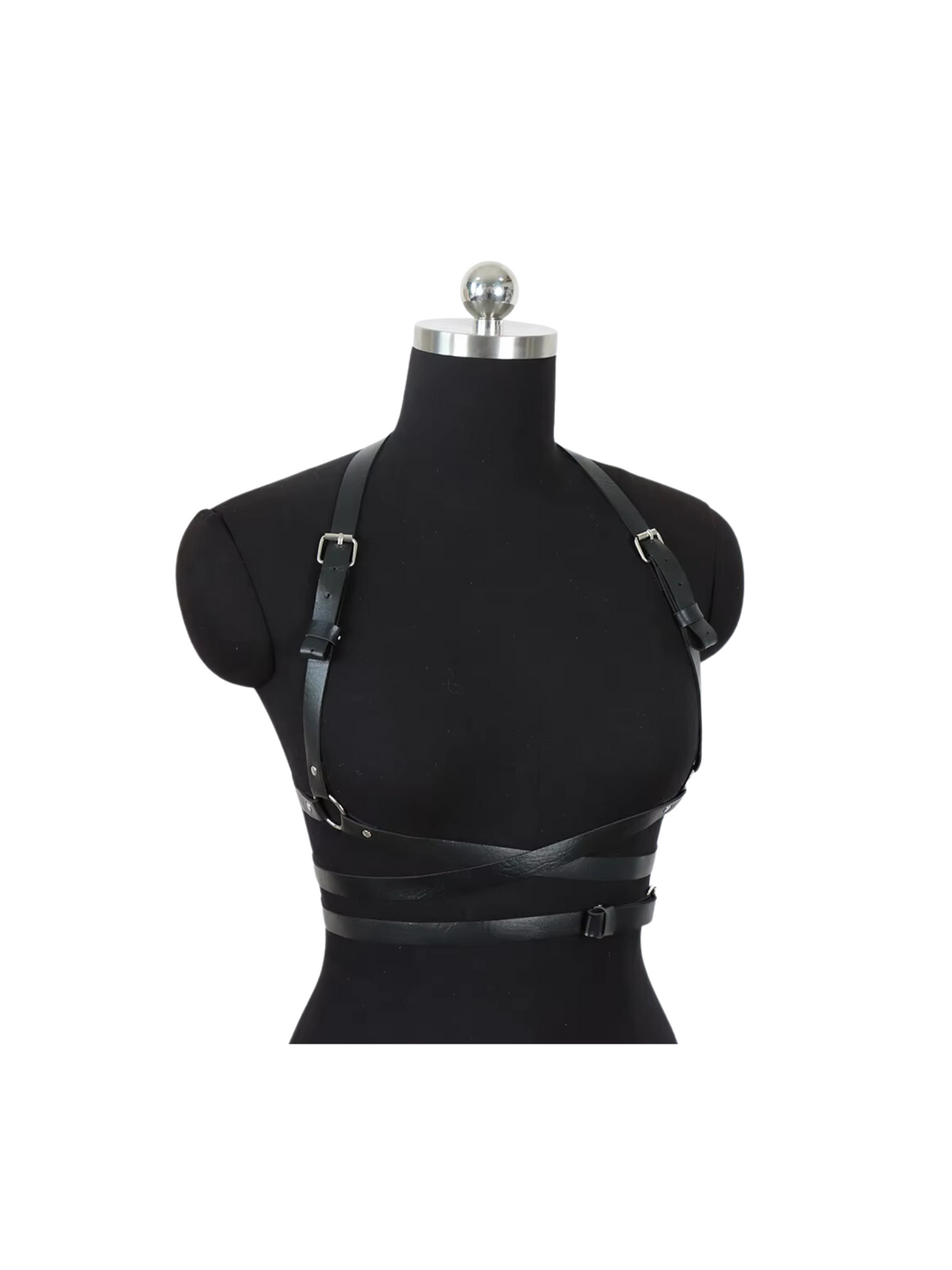 BDSM adjustable leather harness with Harajuku-inspired straps, front right view showcasing sleek synthetic leather and bold strap design.