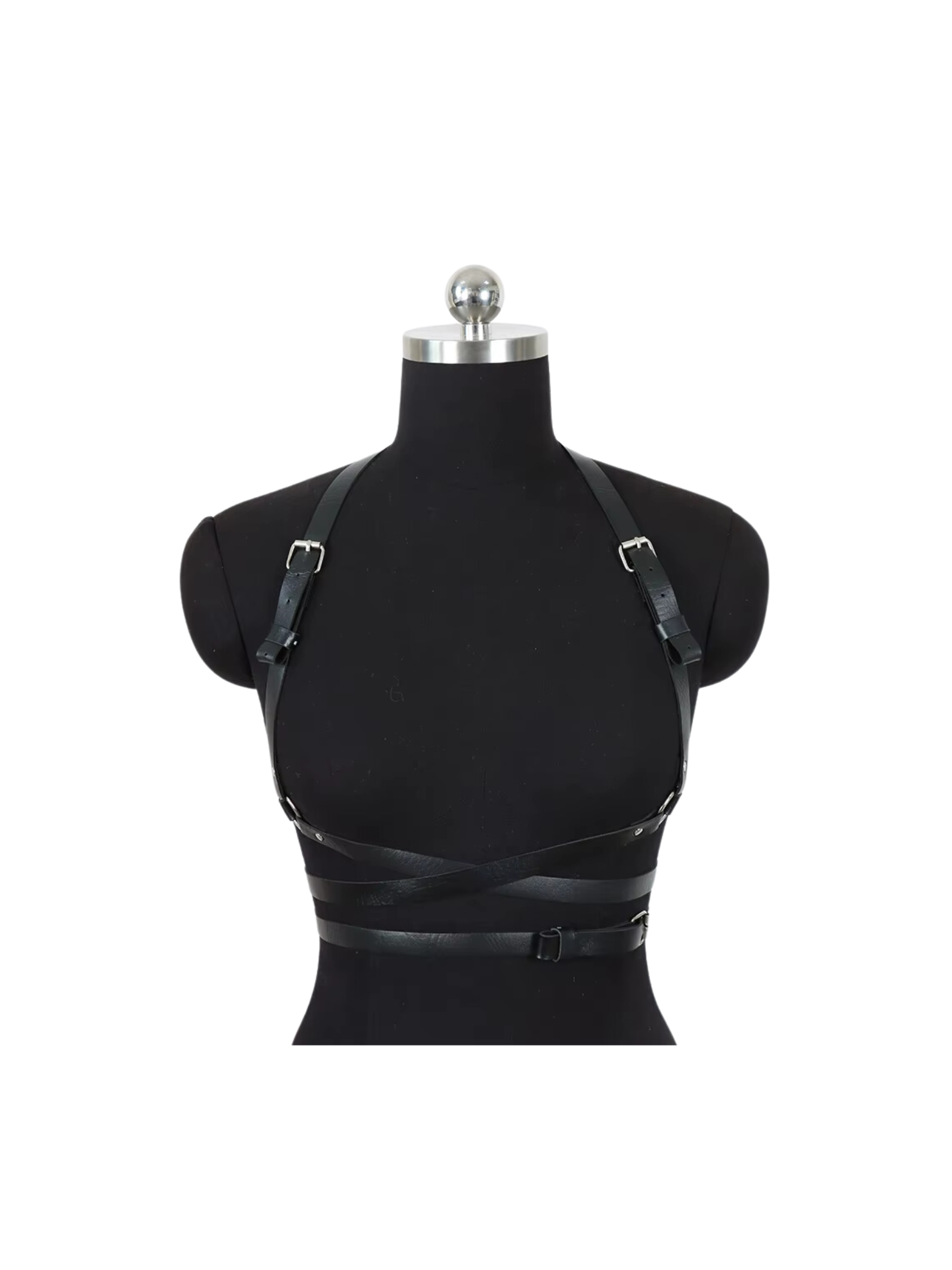 Front view of BDSM adjustable leather harness with Harajuku-inspired straps, highlighting a minimalist design for gothic fashion and role-play