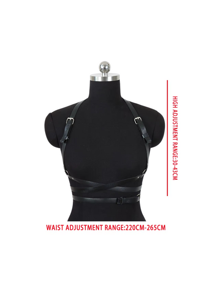 Measurement guide for BDSM adjustable leather harness with Harajuku-inspired straps, featuring high adjustment range 30-43 cm and waist adjustment range 220-265 cm.