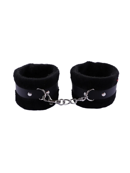 Black furry handcuffs with faux fur lining and adjustable straps, ideal for comfortable kink exploration.