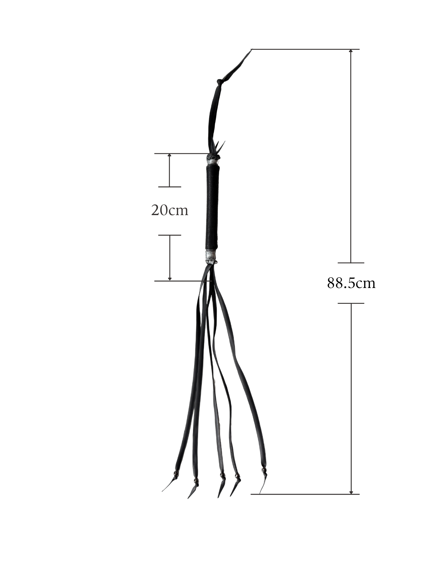Size guide of The Blackthorn flogger with measurements – 88.5cm full length, 20cm handle