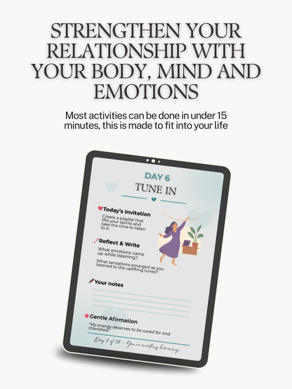 Intimacy calendar overview – printable self-care challenge for women to reconnect emotionally and spiritually.