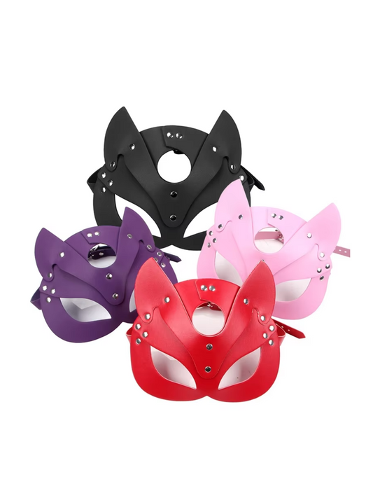 Group of fox face masks in purple, pink, red, and black, crafted from high-quality PU leather for role-play, cosplay, and fetish wear.