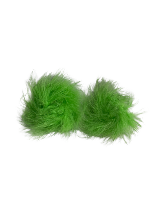 Green fluffy nipple covers made from faux fur, playful, reusable and perfect for burlesque, drag or cheeky confidence.