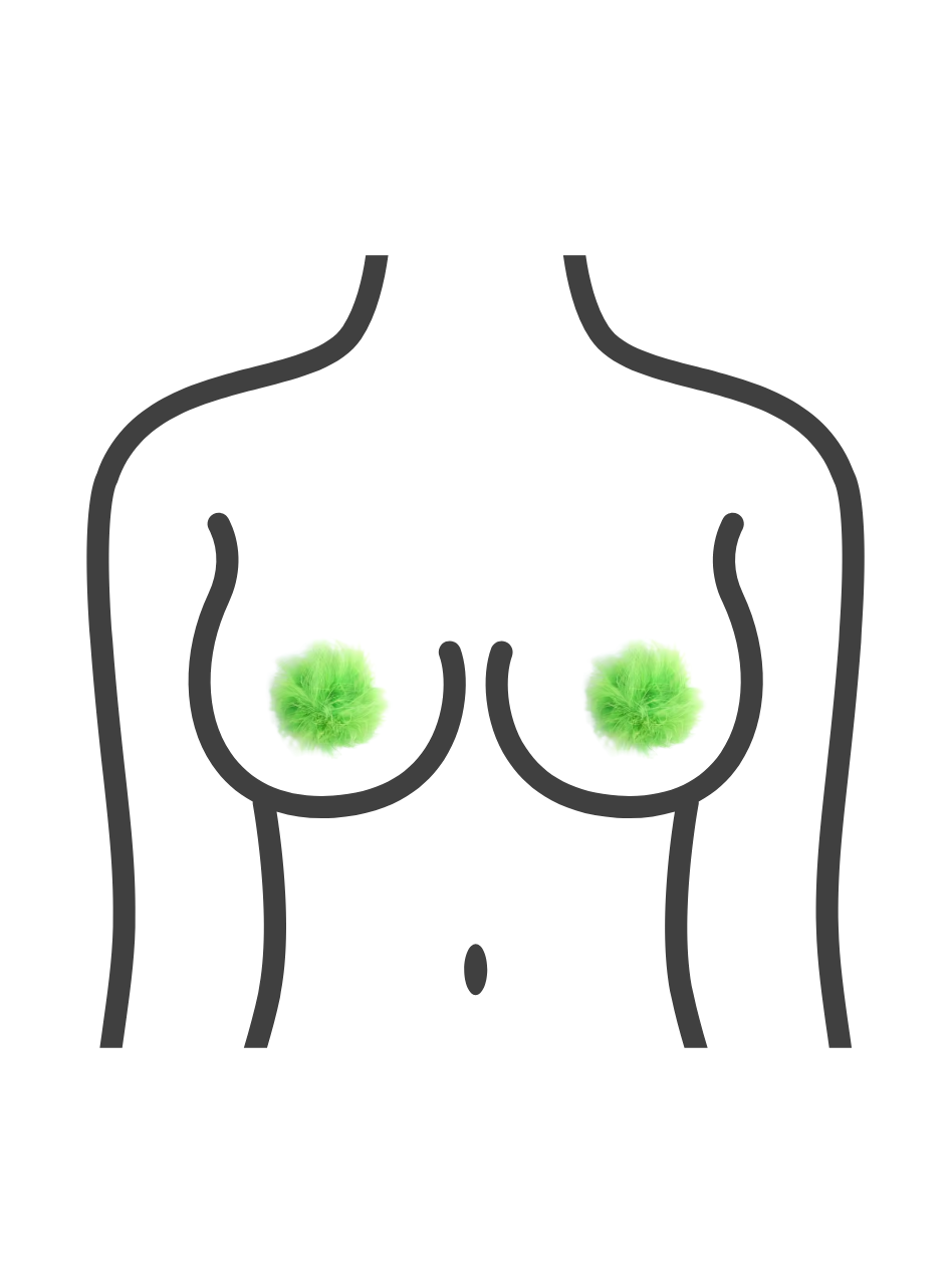 Simple illustration showing green fluffy nipple covers worn on chest — inclusive accessory for body-positive wear.