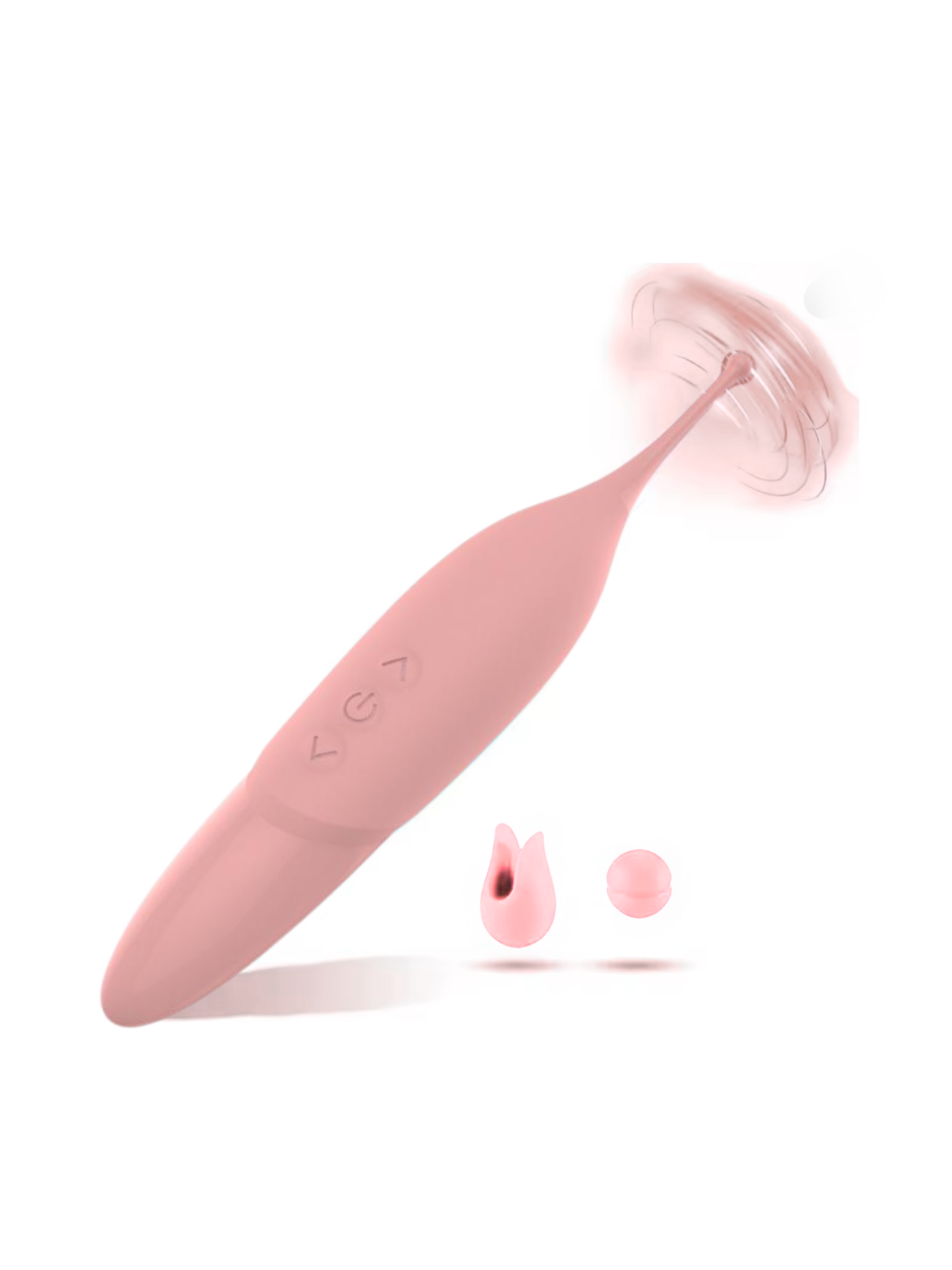 Compact body-safe silicone vibrator in blush rose with soft interchangeable heads