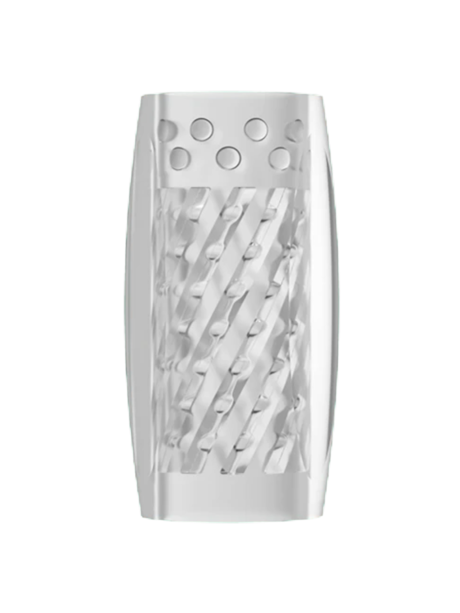 Top view of soft clear male stroker sleeve with spiral texture — inclusive sex toy for penis owners