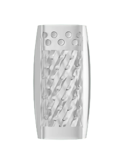 Top view of soft clear male stroker sleeve with spiral texture — inclusive sex toy for penis owners