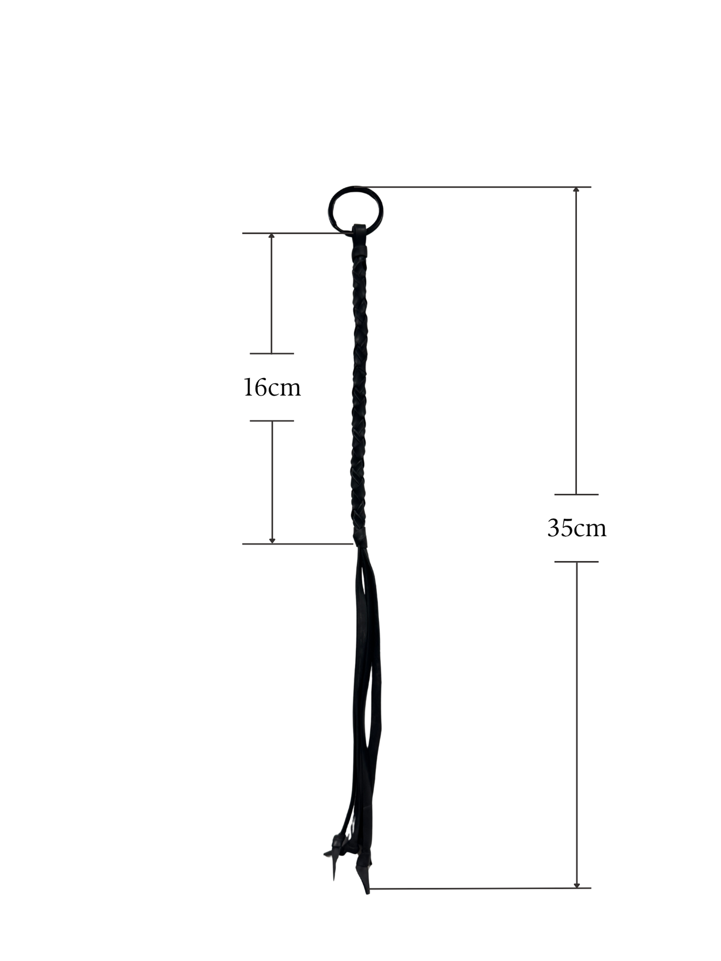 Mini black flogger showing total length of 35cm and braided handle of 16cm