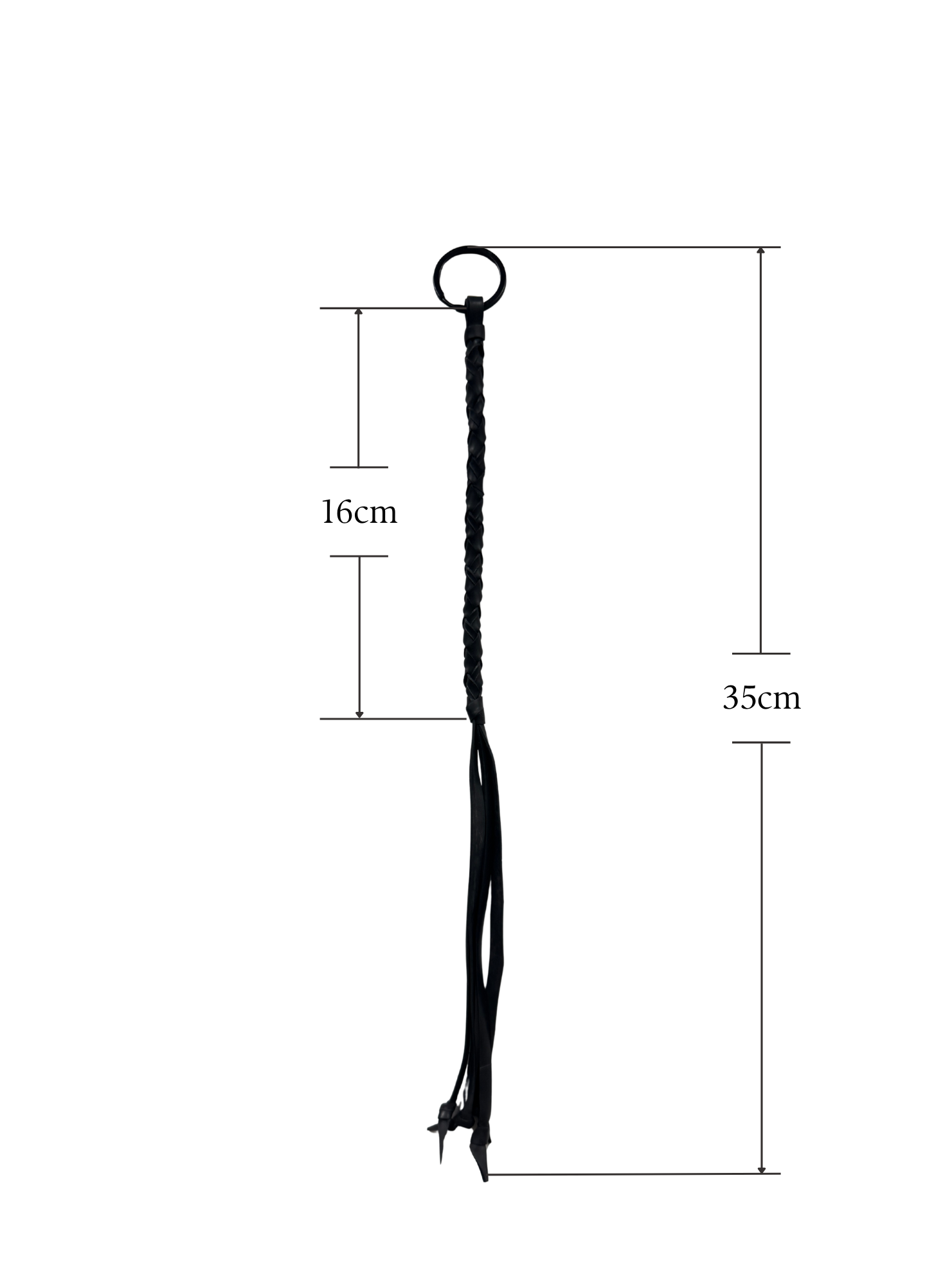 Mini black flogger showing total length of 35cm and braided handle of 16cm