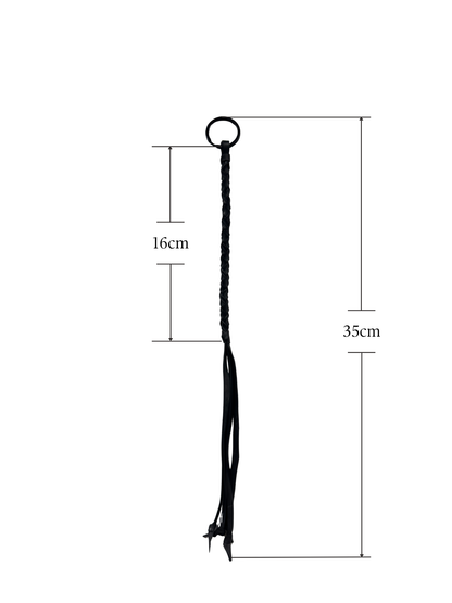 Mini black flogger showing total length of 35cm and braided handle of 16cm