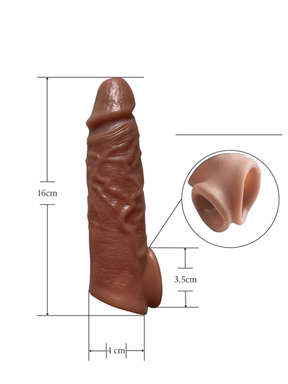 Realistic penis extension sleeve with ball loop – front view, 16cm length
