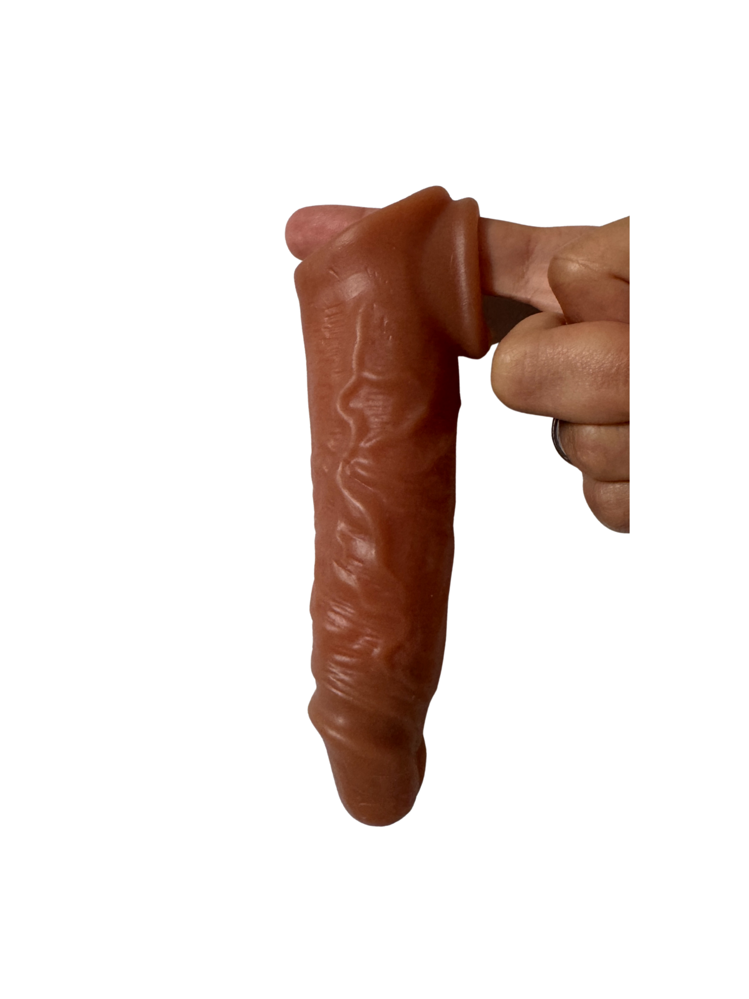 Penis sleeve with extension and ball loop shown stretched for fit demo