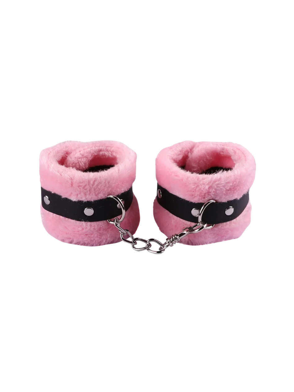 Pink furry handcuffs with adjustable buckle and soft faux fur lining, ideal for beginners exploring playful restraint.