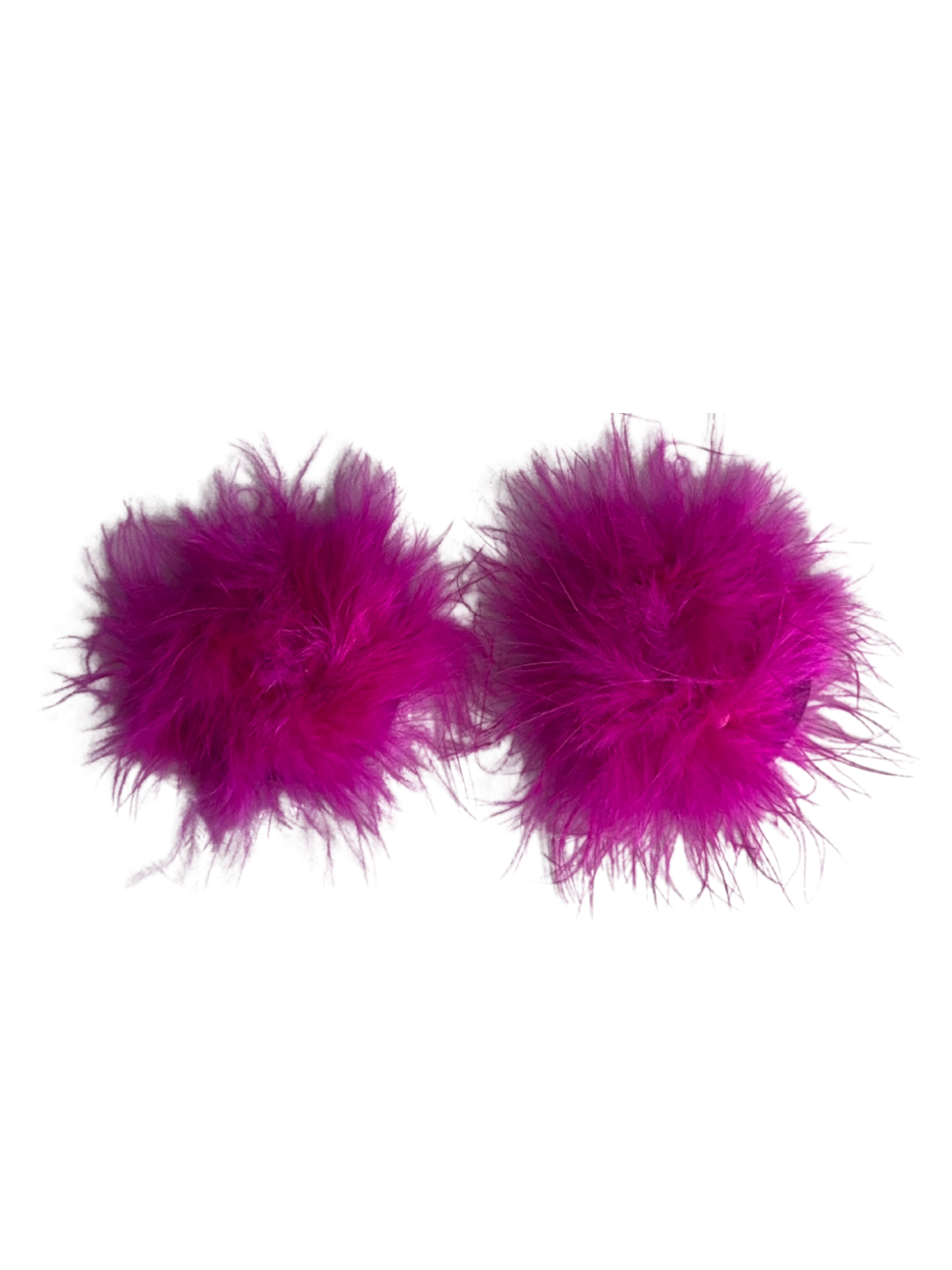 Bright pink faux fur nipple pasties for playful expression, reusable and beginner-friendly for all genders.