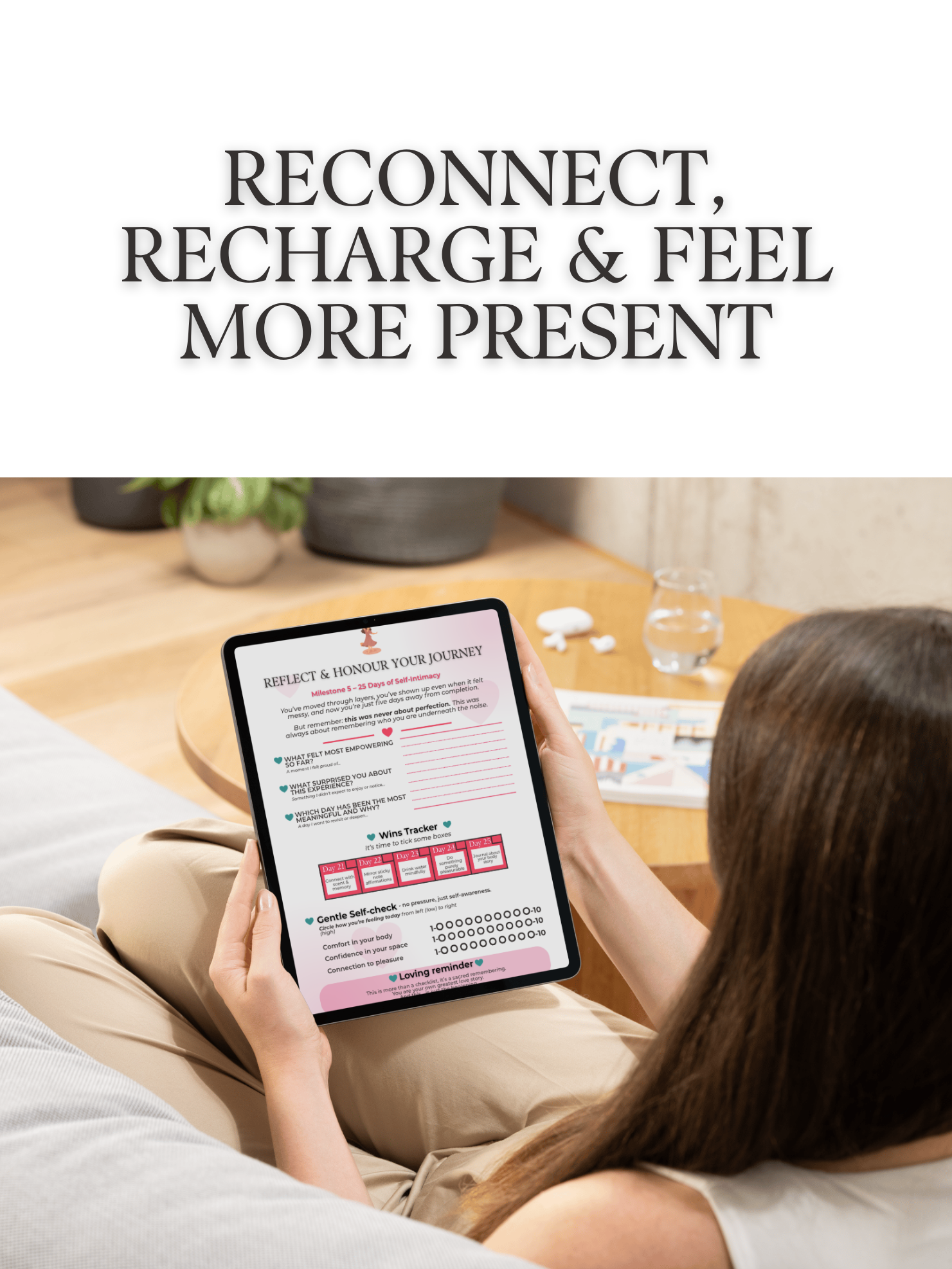 Woman using 30-day self-care calendar – a digital journey for emotional wellbeing and personal connection.