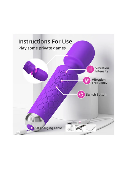 USB rechargeable purple silicone wand vibrator, featuring 20 functions for diverse pleasure.