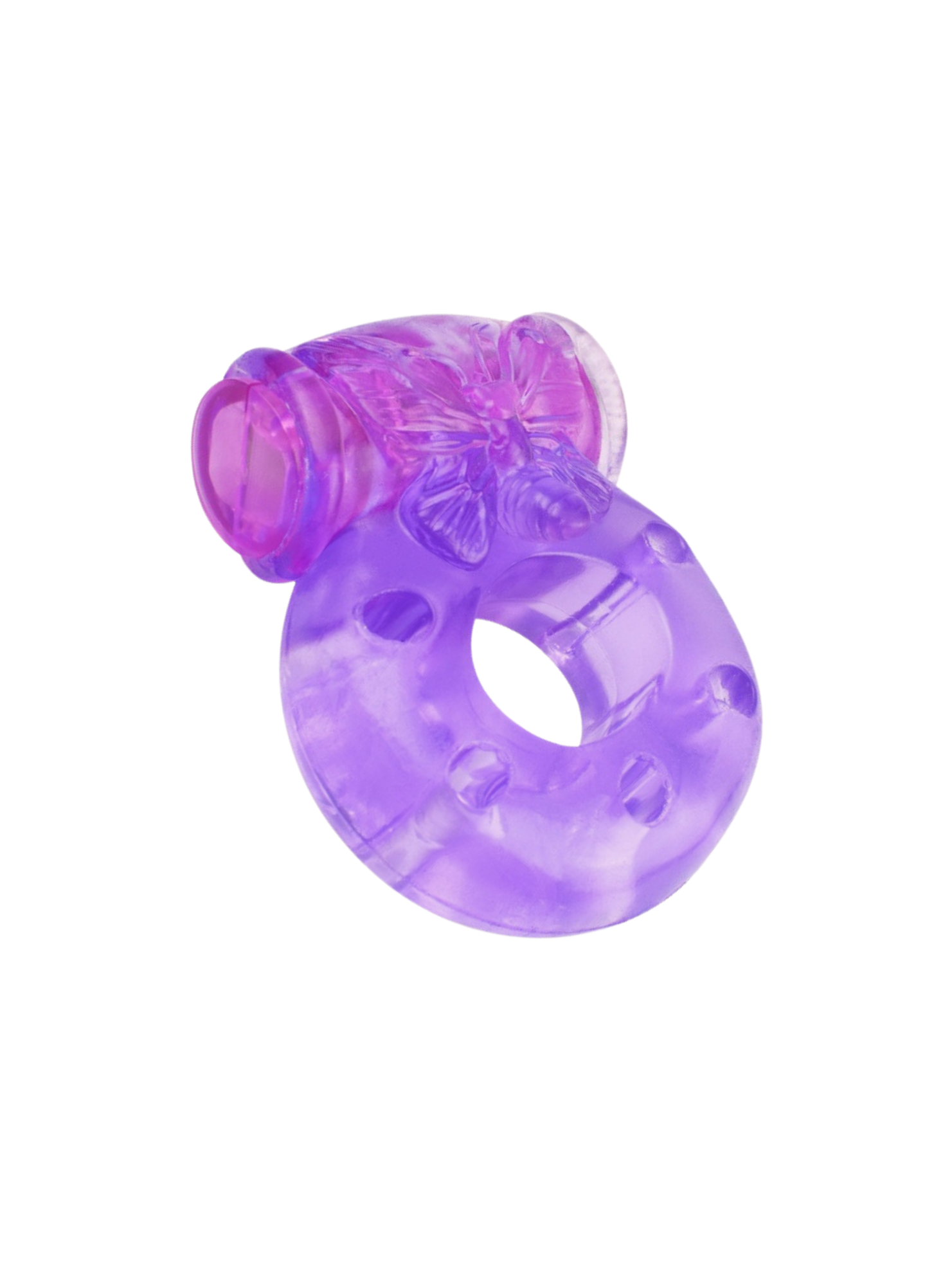 Purple vibrating cock ring with butterfly design – angled view