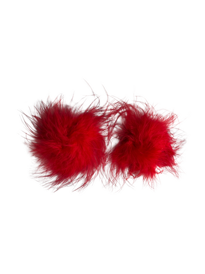 Red fluffy nipple covers made with faux fur, ideal for burlesque performers, drag artists, and lingerie lovers.