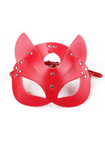 Red fox face mask in durable PU leather, offering an adjustable, gender-neutral design for fantasy play, burlesque, or themed events.