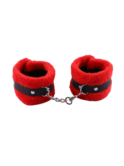 Red soft bondage cuffs with plush faux fur, beginner-friendly wrist restraints for sensual play in the UK.