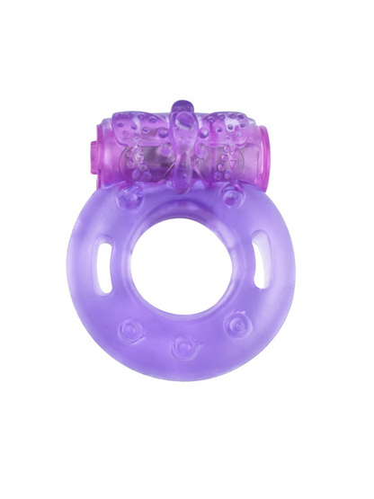 Stretchy purple cock ring with butterfly clitoral stimulator – top view