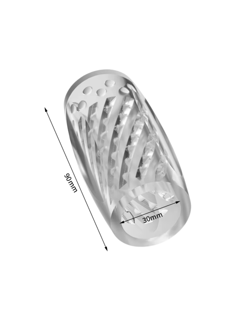 Clear textured male stroker sleeve with dimensions 90mm by 30mm — reusable and beginner-friendly